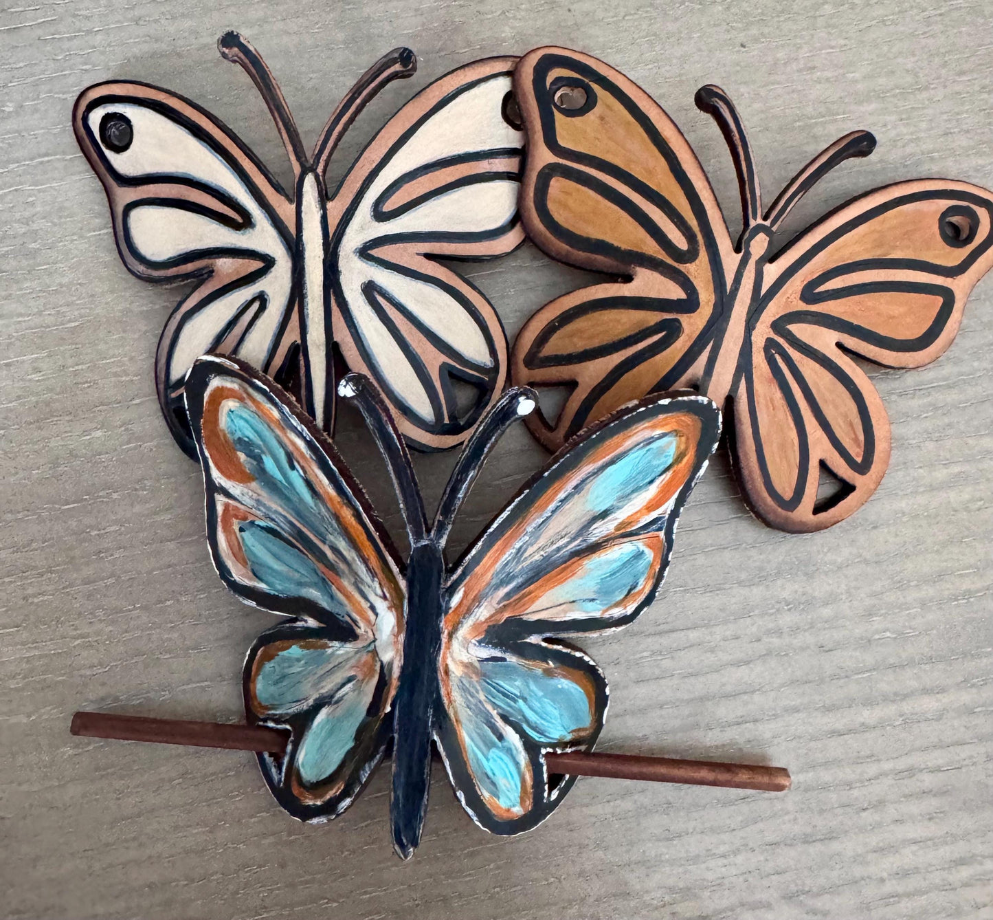 Hand-Painted Butterfly Leather Hair Slide with Wood Stick; Leather Hair Barrettes
