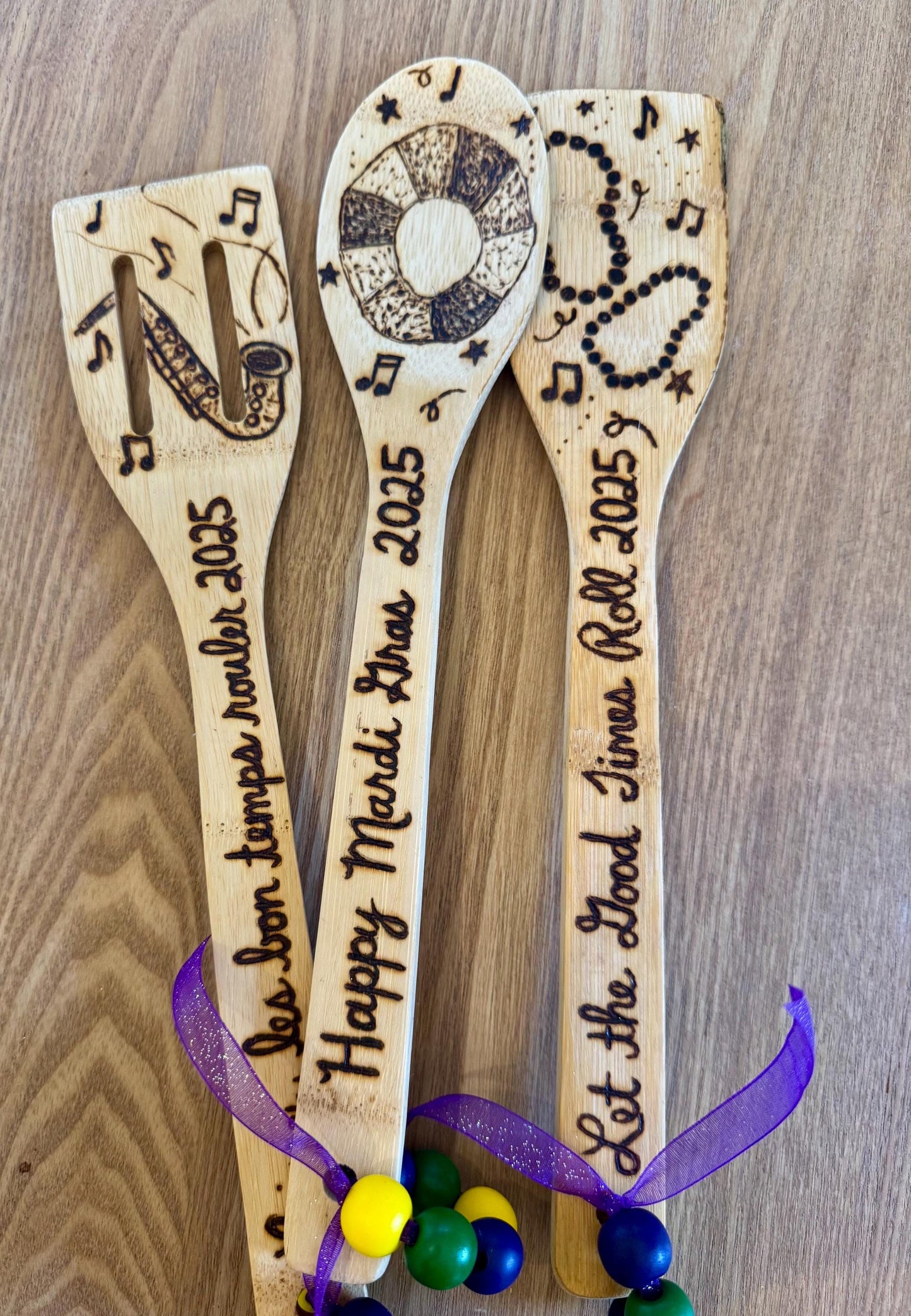 Mardi Gras Bamboo Utensil Set: Hand-Burned Louisiana Kitchen Decor