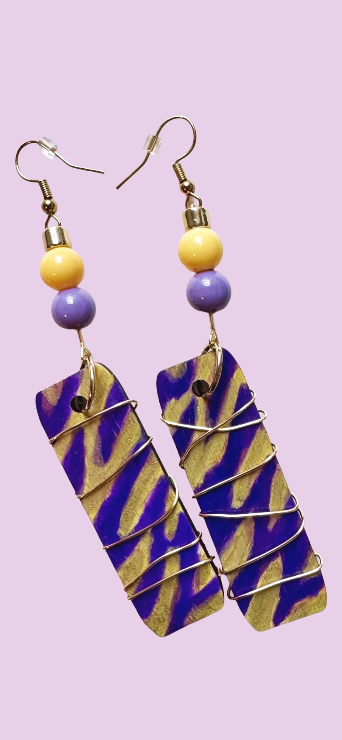 LSU-Themed Wooden Dangle Earrings: Hand-Painted Purple and Gold Tiger Stripes