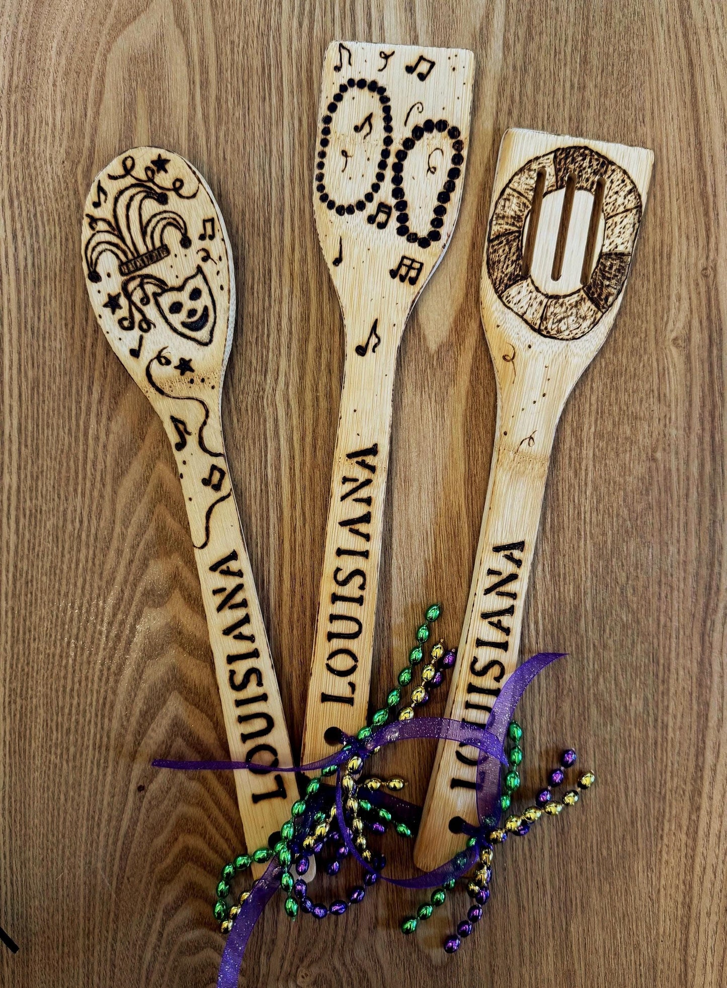 Mardi Gras Bamboo Utensil Set: Hand-Burned Louisiana Kitchen Decor