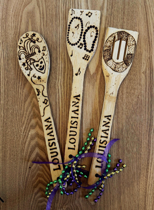 Mardi Gras Bamboo Utensil Set: Hand-Burned Louisiana Kitchen Decor