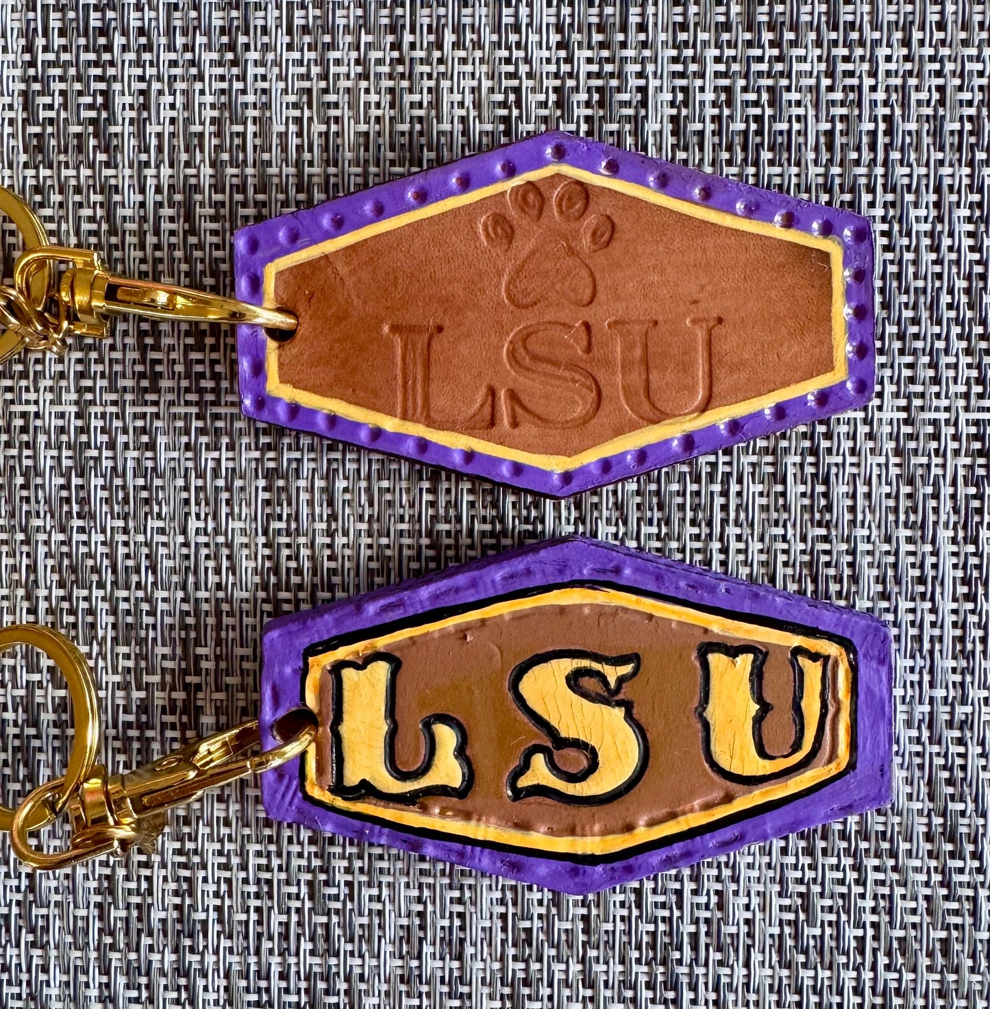 Custom Hand-Tooled LSU Leather Keychain