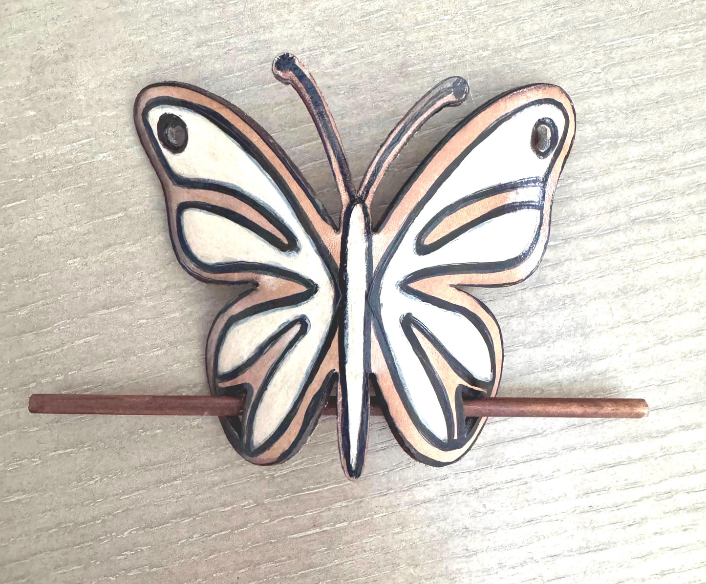 Hand-Painted Butterfly Leather Hair Slide with Wood Stick; Leather Hair Barrettes