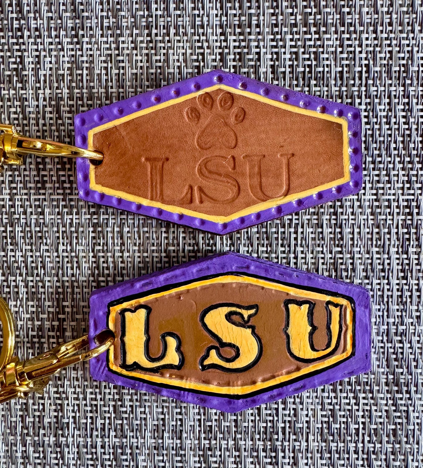 Custom Hand-Tooled LSU Leather Keychain