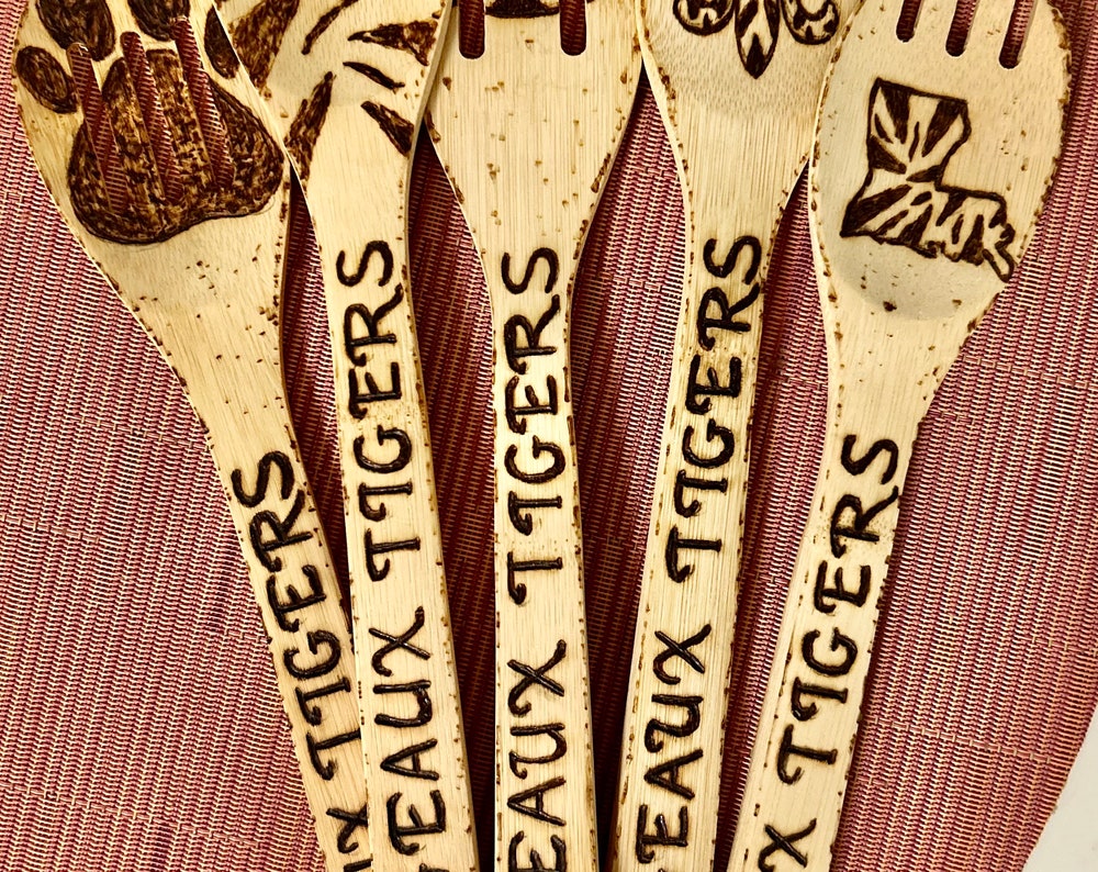 LSU-Inspired Utensil Set: Custom Engraved Bamboo Cooking Utensil 5 Pc Set With Optional Personalization