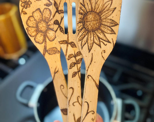 Custom Engraved Floral Bamboo Cooking Utensil 3 Pc Set With Optional Personalization