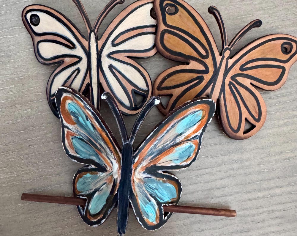 Hand-Painted Butterfly Leather Hair Slide with Wood Stick; Leather Hair Barrettes